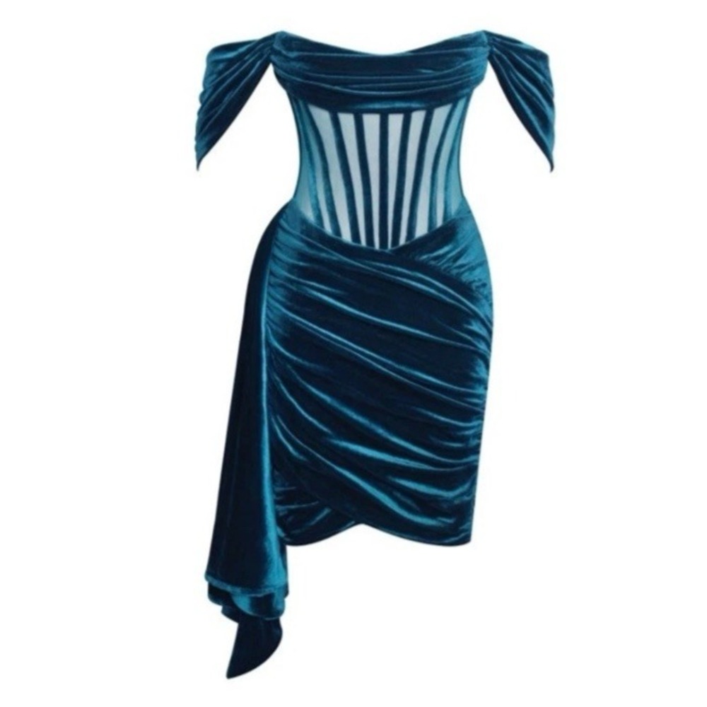 Miss Circle Corset Dress Velvet Irisa Teal Draping Off Shoulder NWT Y2K